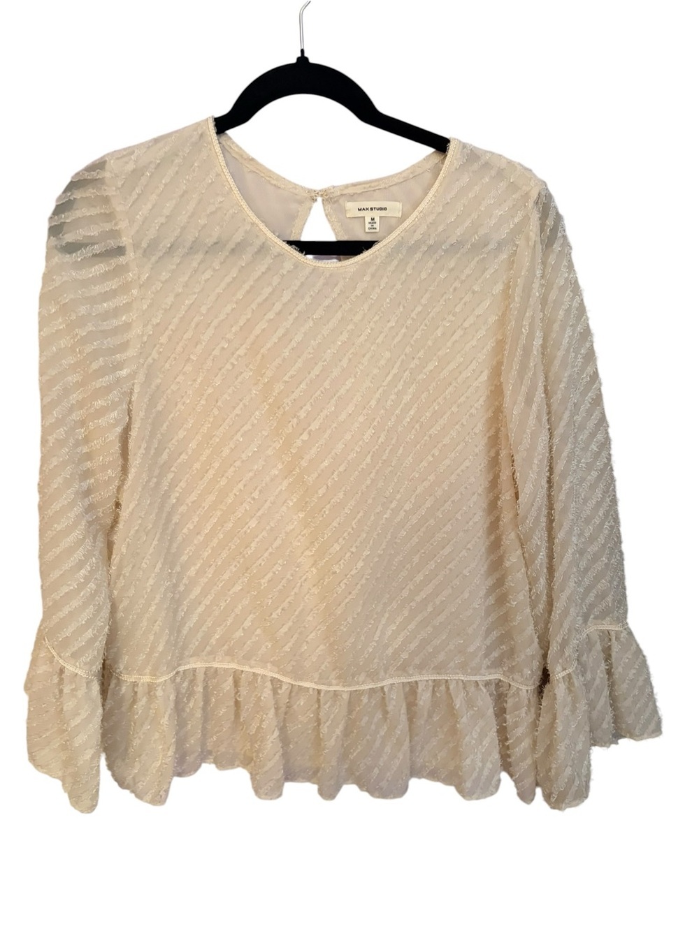 Max Studio Cream Ruffle-Hem Long Sleeve Blouse